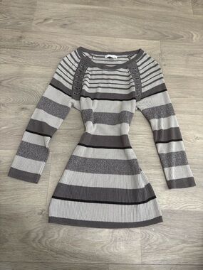 New York & Company Gray and White Striped Lace-Up Knit Dress